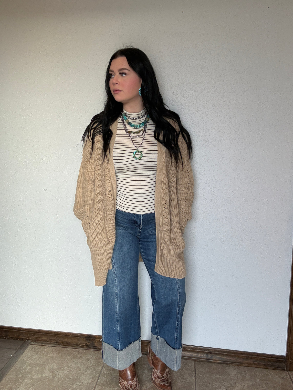 Striped Mock Neck Long Sleeve Top: CREAM