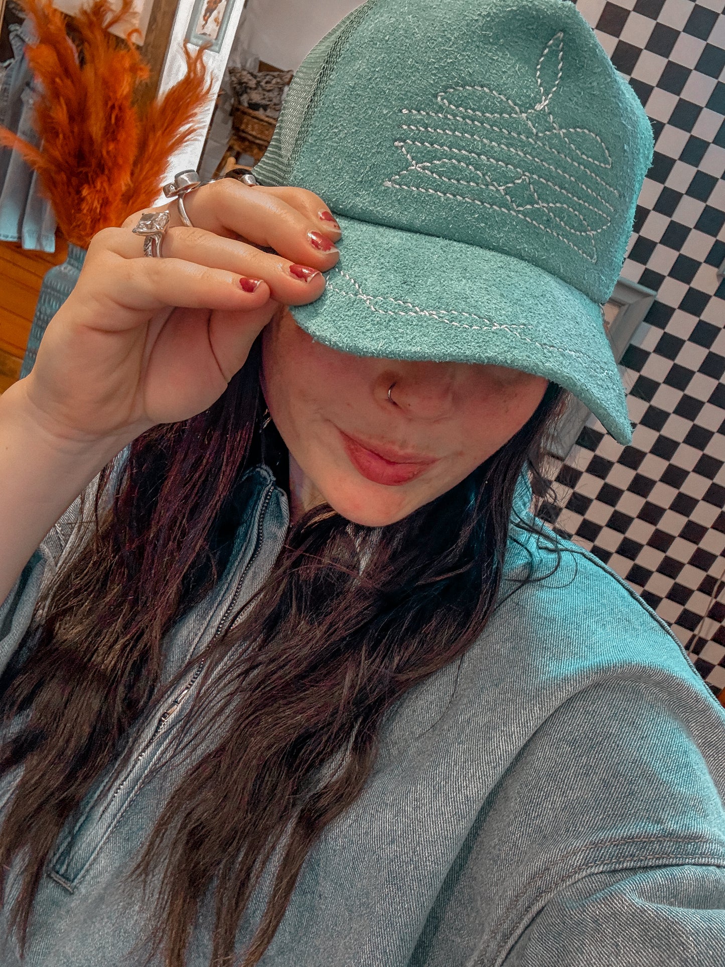 Leather Boot Stitch Cap *Teal