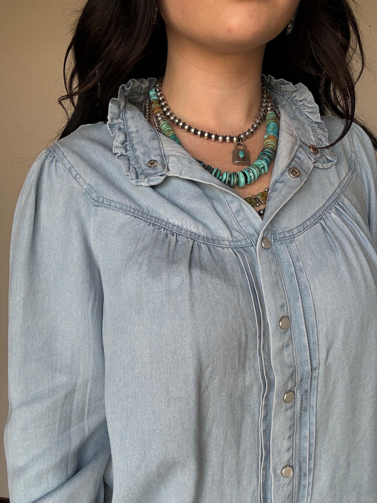 Light Wash Denim Ruffled Pearl Snap