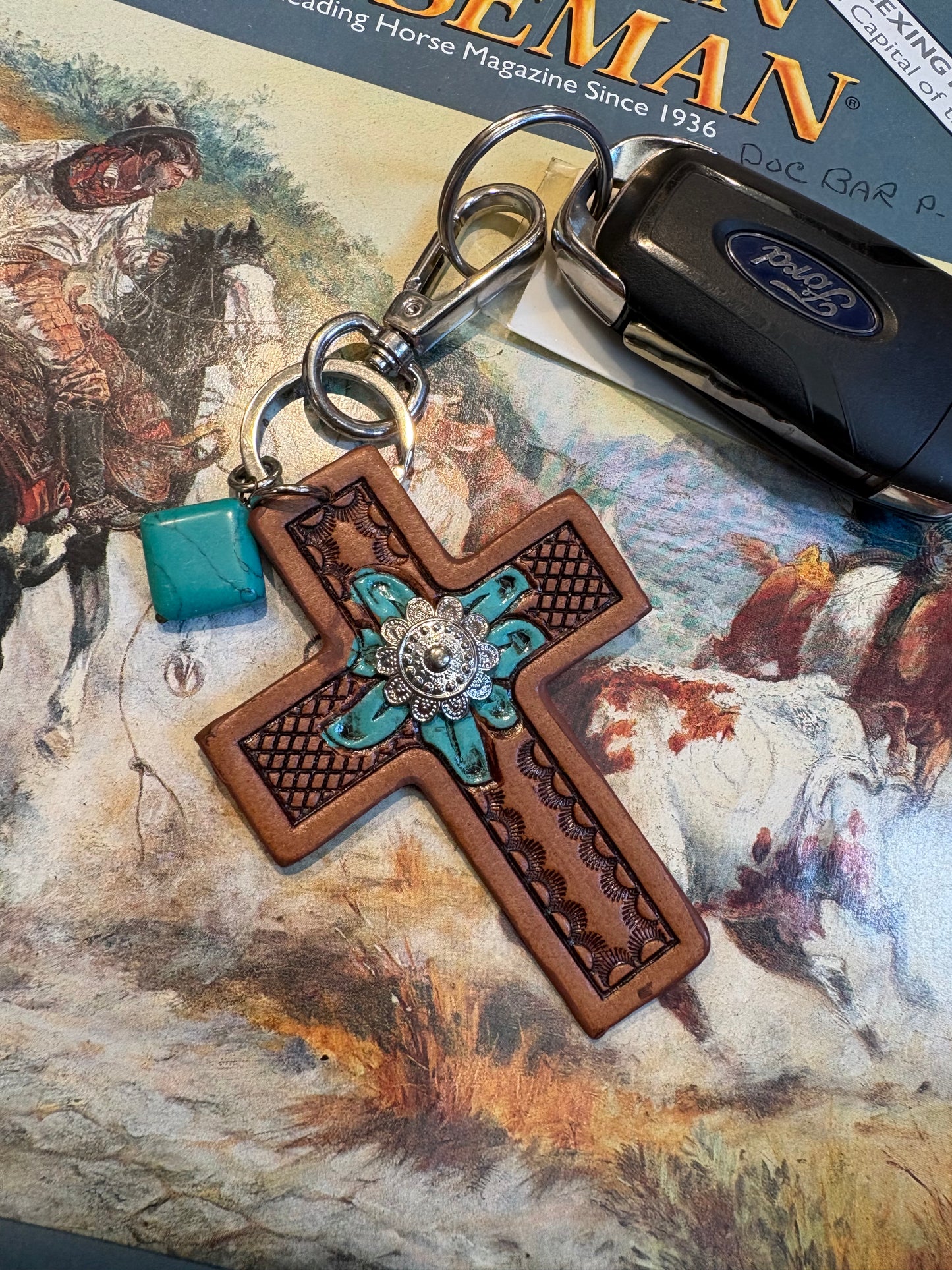 Turquoise Bloom Cross Key Fob