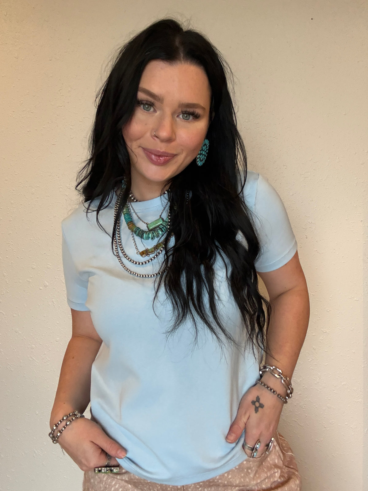 Short Sleeve Round Neck Soft Knit Jersey Top *Light Blue