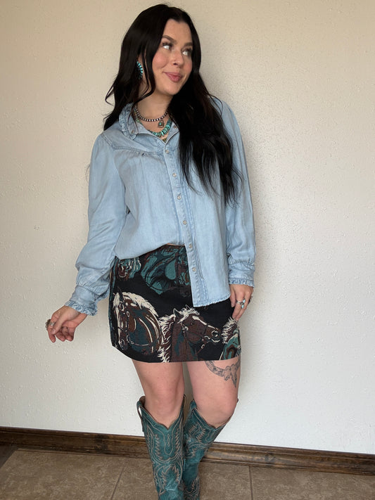 Light Wash Denim Ruffled Pearl Snap