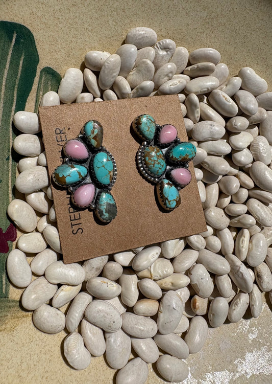 Large Mine 8 & Pink Conch Half Cluster Earrings