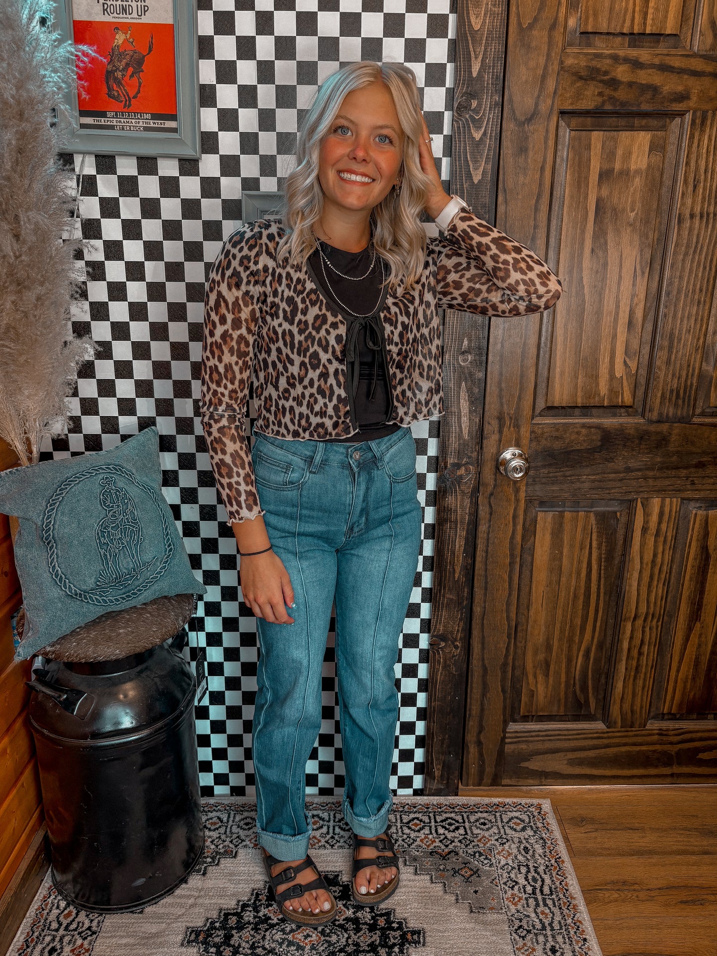 Leopard Front Tie Mesh Blouse