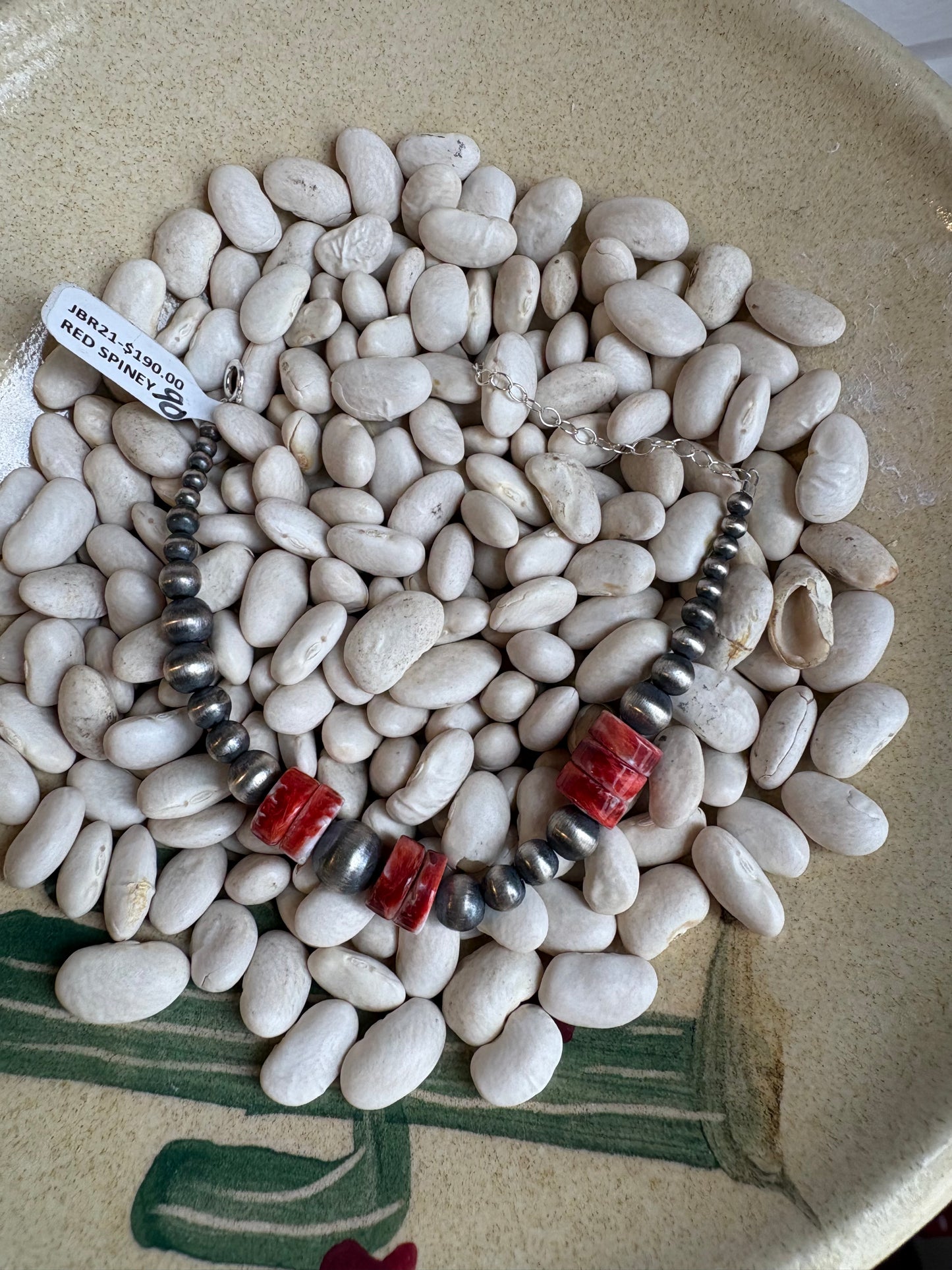 Red Spiny and Sterling Pearl Bracelet
