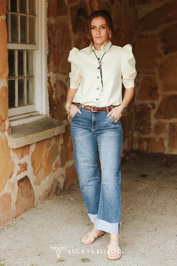 Western Printed Barrel Cuffed Mid Rise Jean