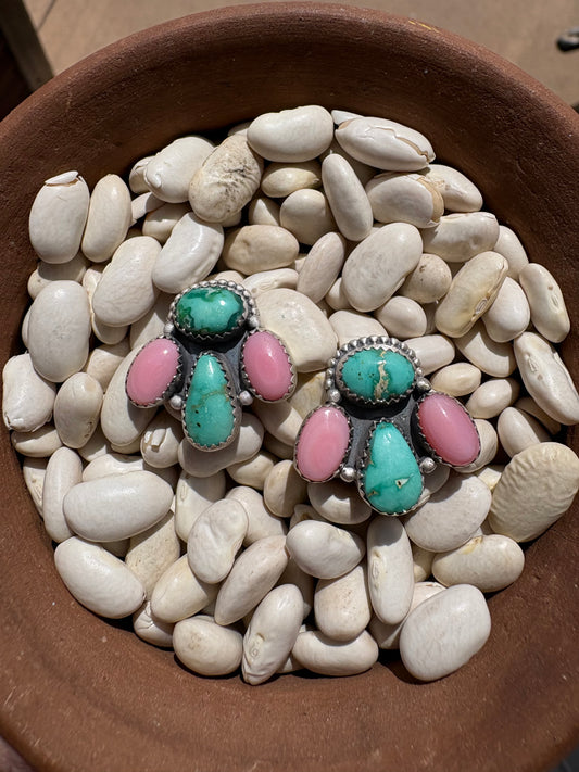 Pink Conch & Sonoran Turquoise Half Cluster Earrings