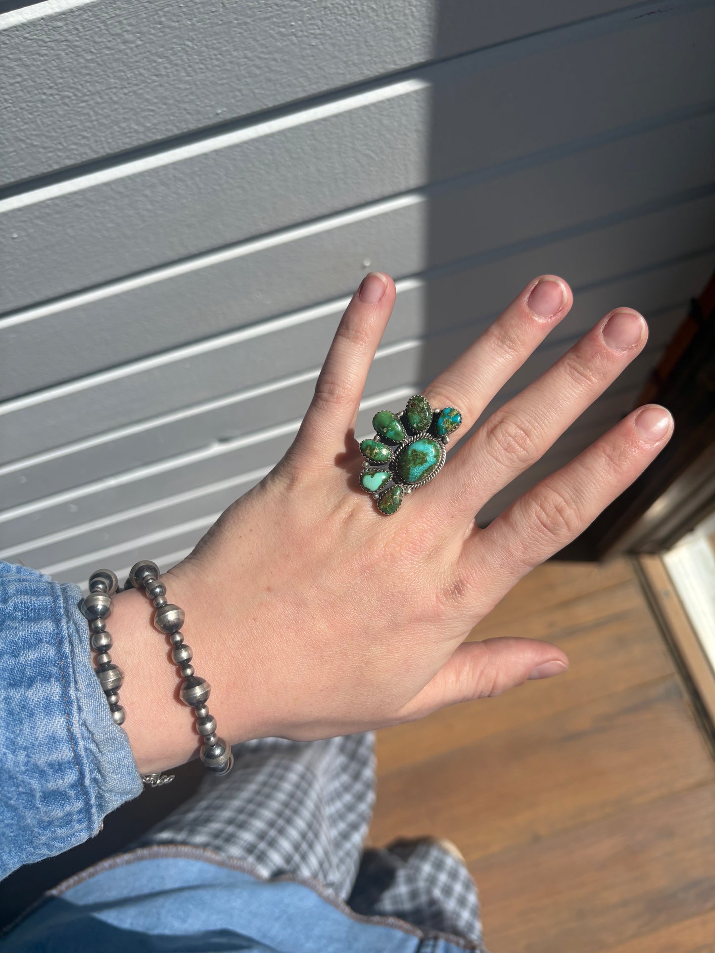 Green Sonoran Turquoise Half Cluster Adjustable Ring