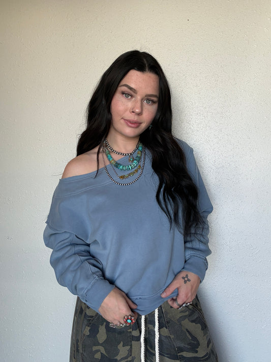 Ocean Blue Off The Shoulder Crewneck
