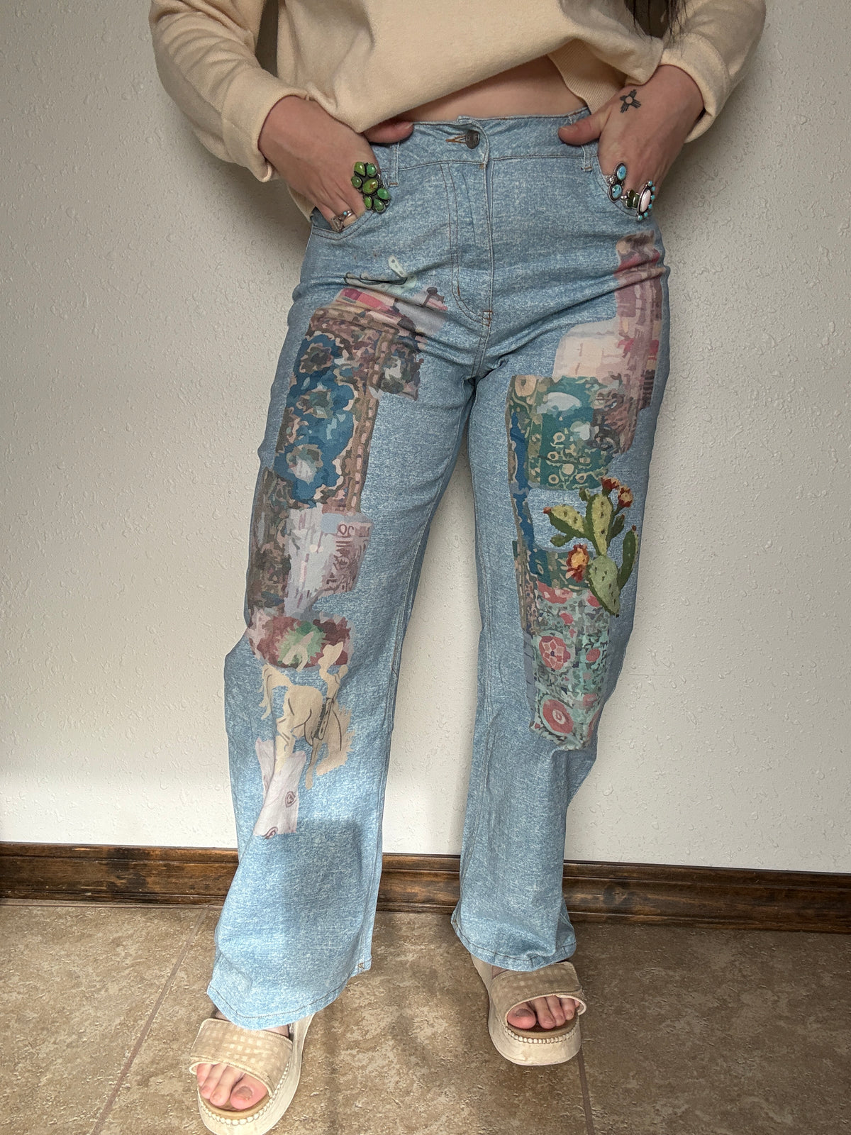 Western Art Collage Barrel Jeans