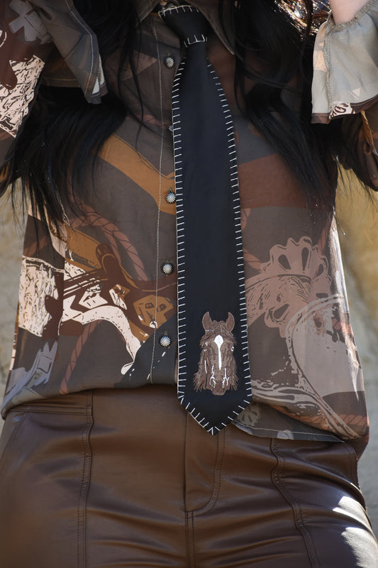 Black Embroidered Horse Whipstitch Western Tie
