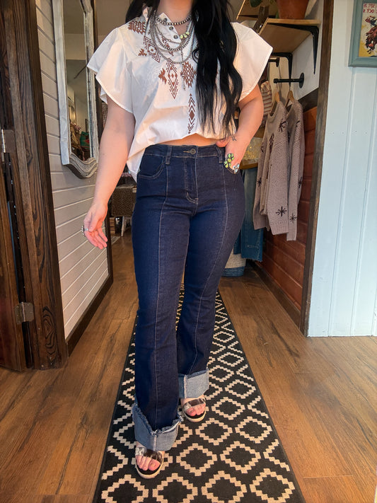 The Macy Dark Wash High Rise Flares