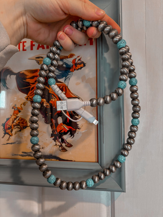 Dual Beaded Phone Charger *Silver & Turquoise
