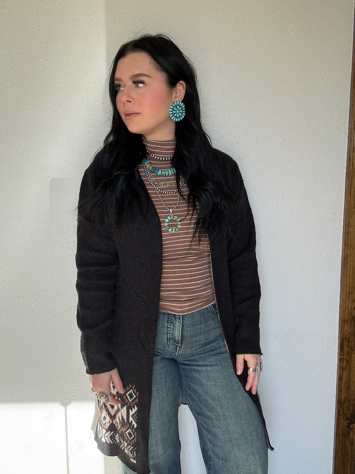 Striped Mock Neck Long Sleeve Top: MOCHA