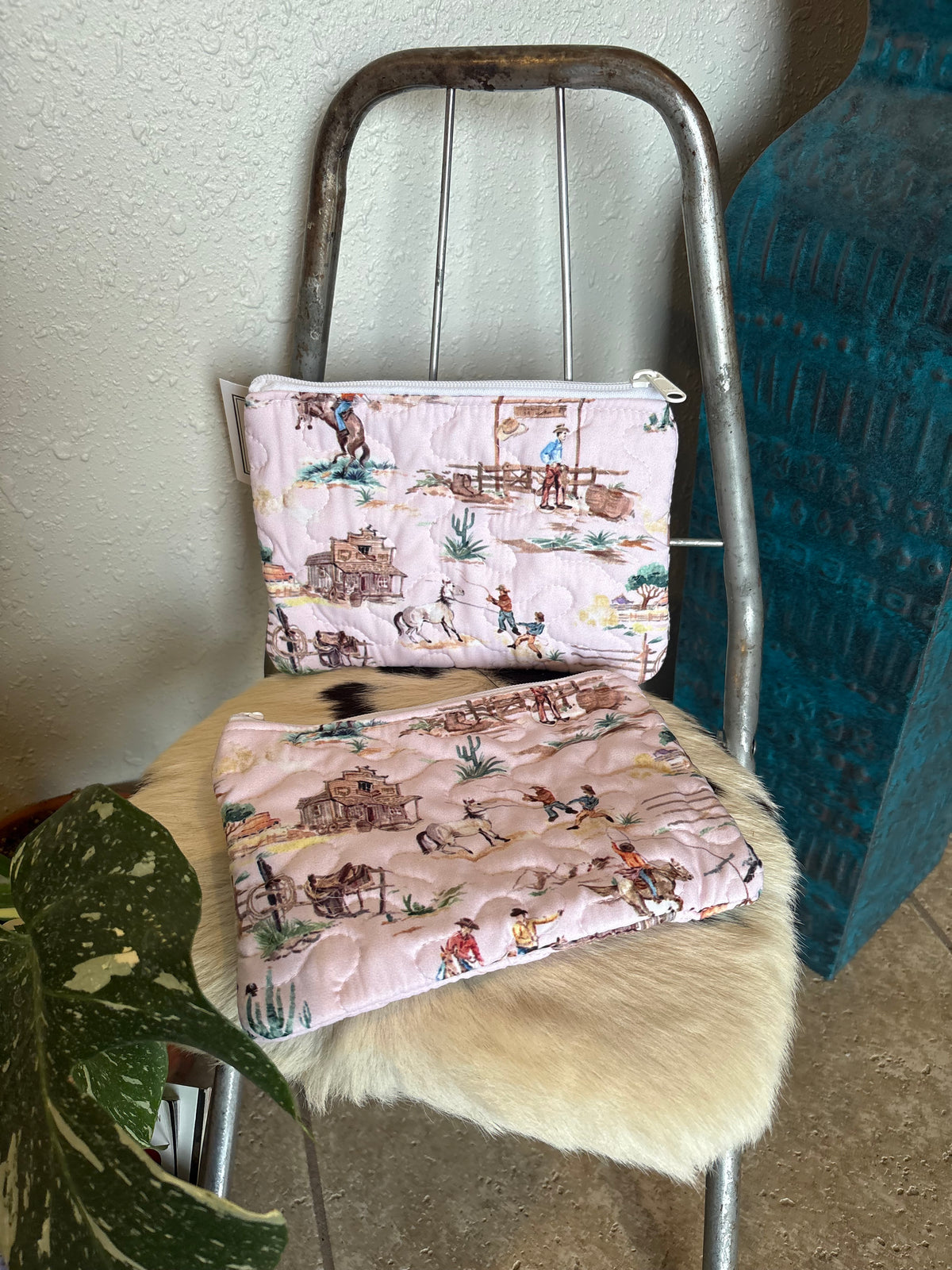 Retro Cowboy Pink Quilted Makeup Bag