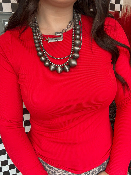 Red Long Sleeve Basic Ribbed