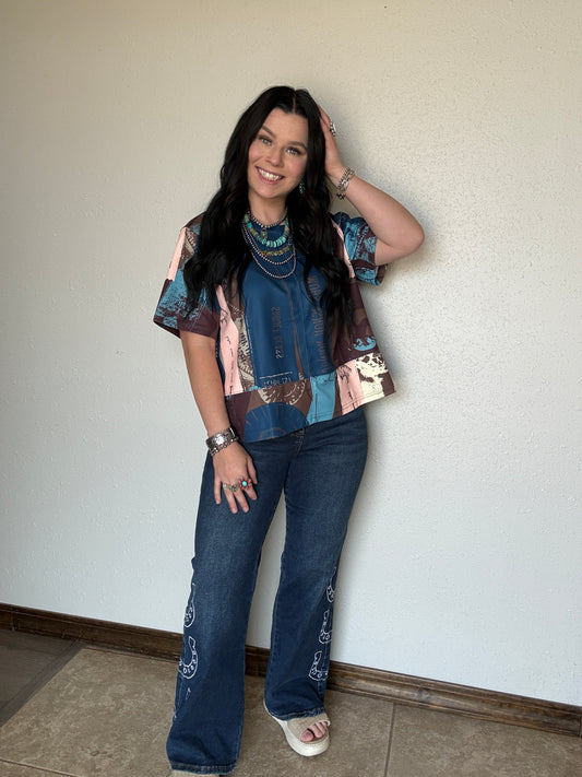 Dark Wash Horse Shoe Embroidered High Rise Wide Leg Cuffed Jean