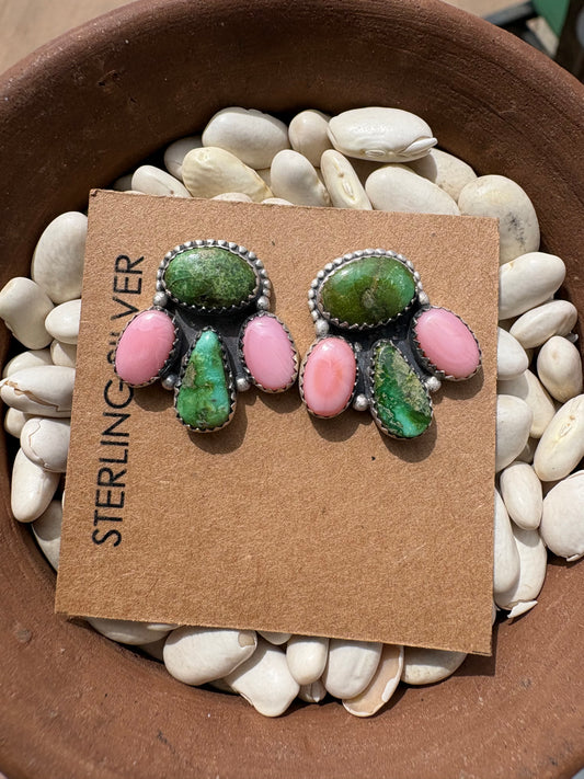 Pink Conch & Sonoran Turquoise Half Cluster Earrings