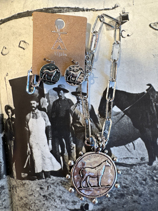 Western Horse Coin Necklace & Earrings