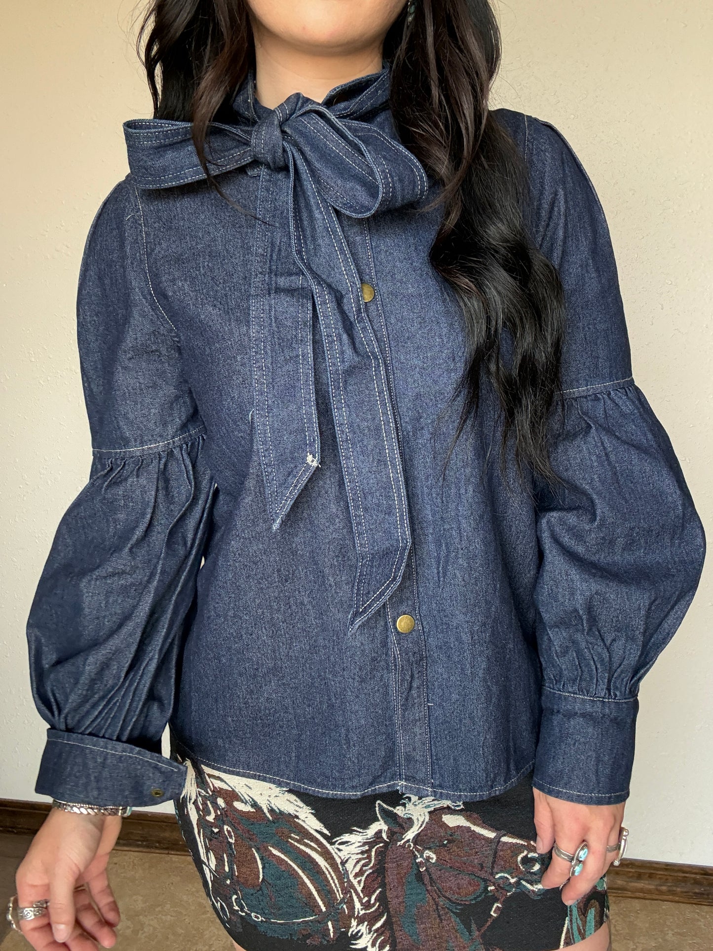Dark Wash Puff Sleeve Denim Tie Top