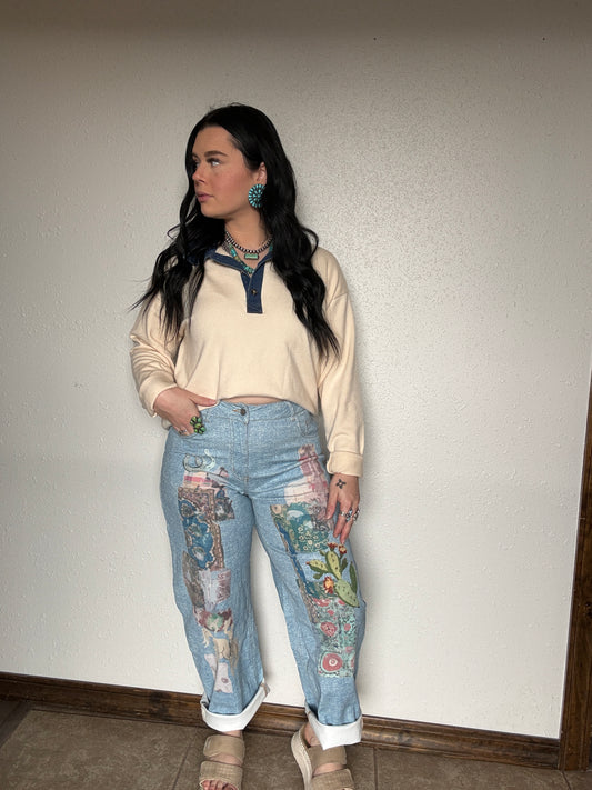 Western Art Collage Barrel Jeans