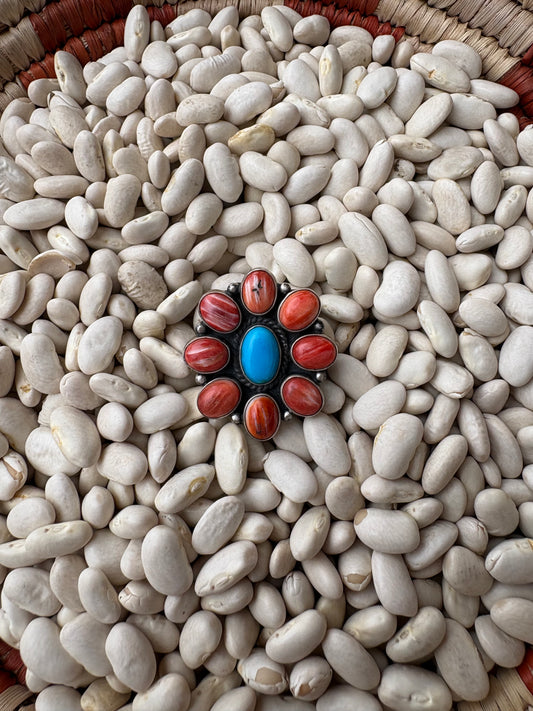 Adjustable Red Spiny & Turquoise Ring