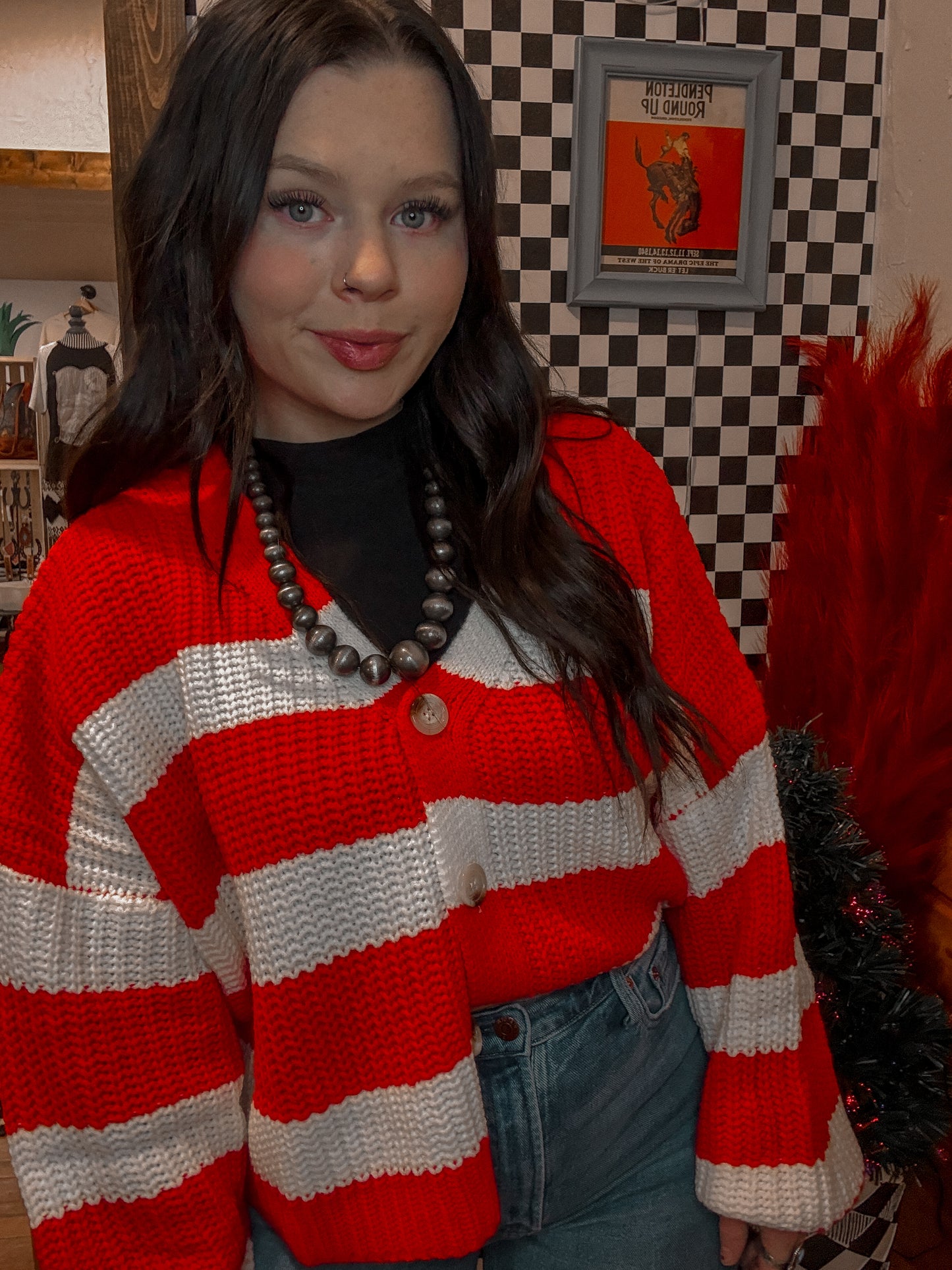 Oversized Red & White Cardigan