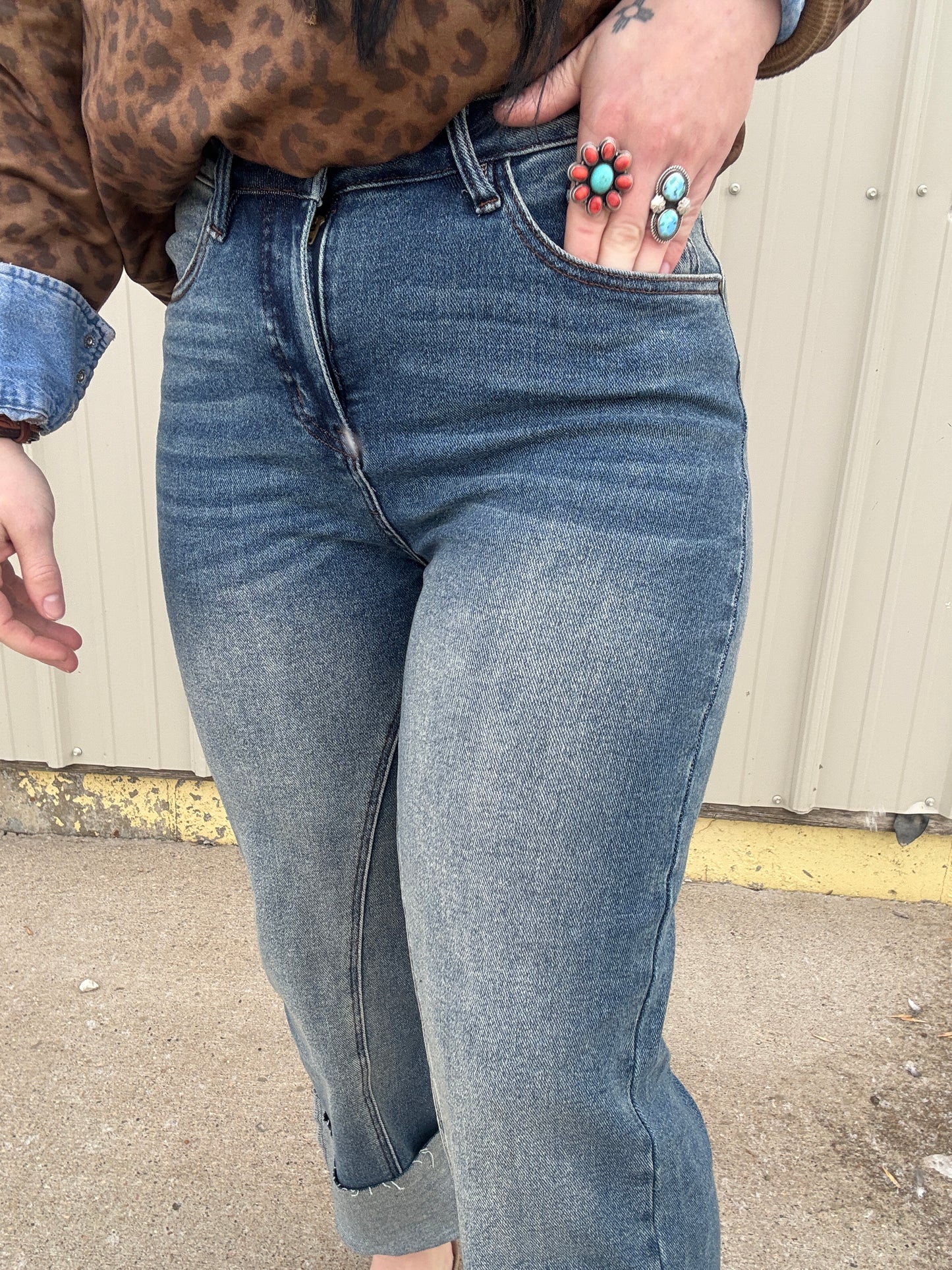 Vintage Wash Mid Rise Straight Leg Denim