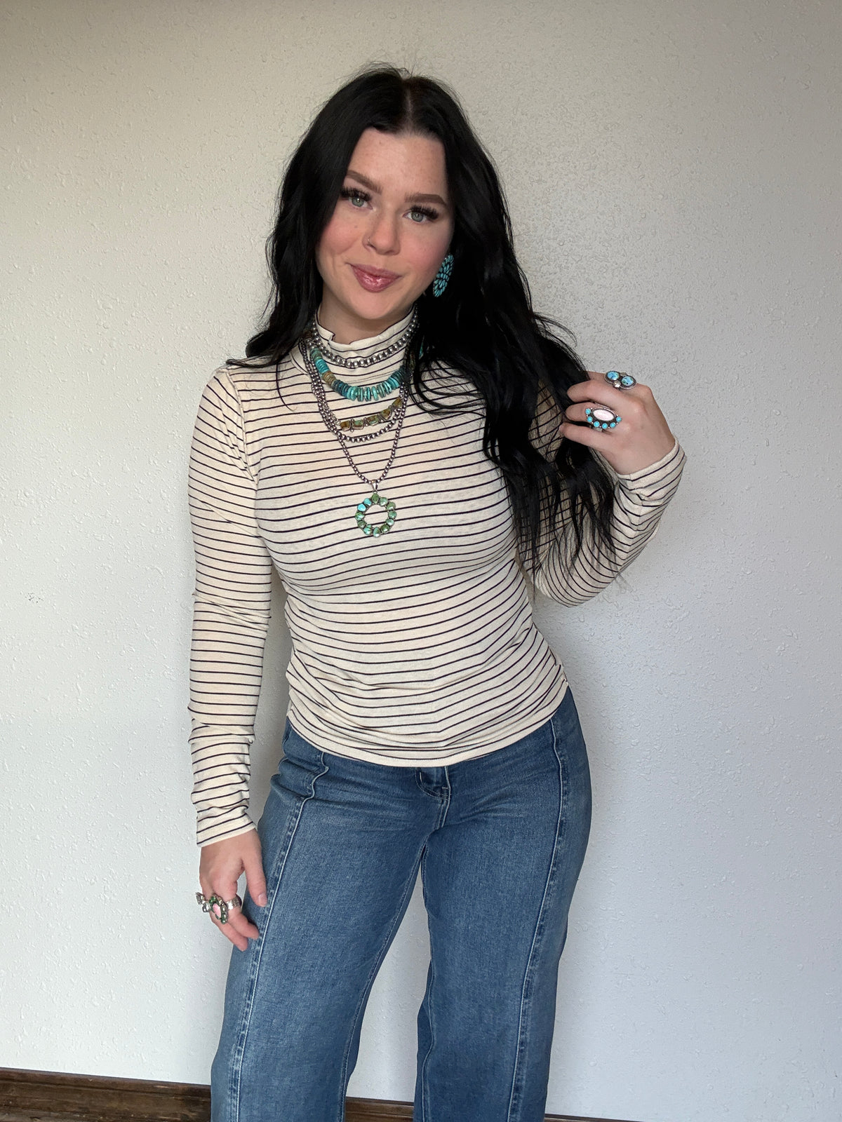 Striped Mock Neck Long Sleeve Top: CREAM