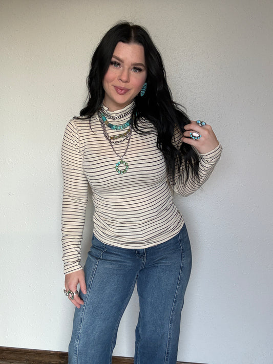 Striped Mock Neck Long Sleeve Top: CREAM