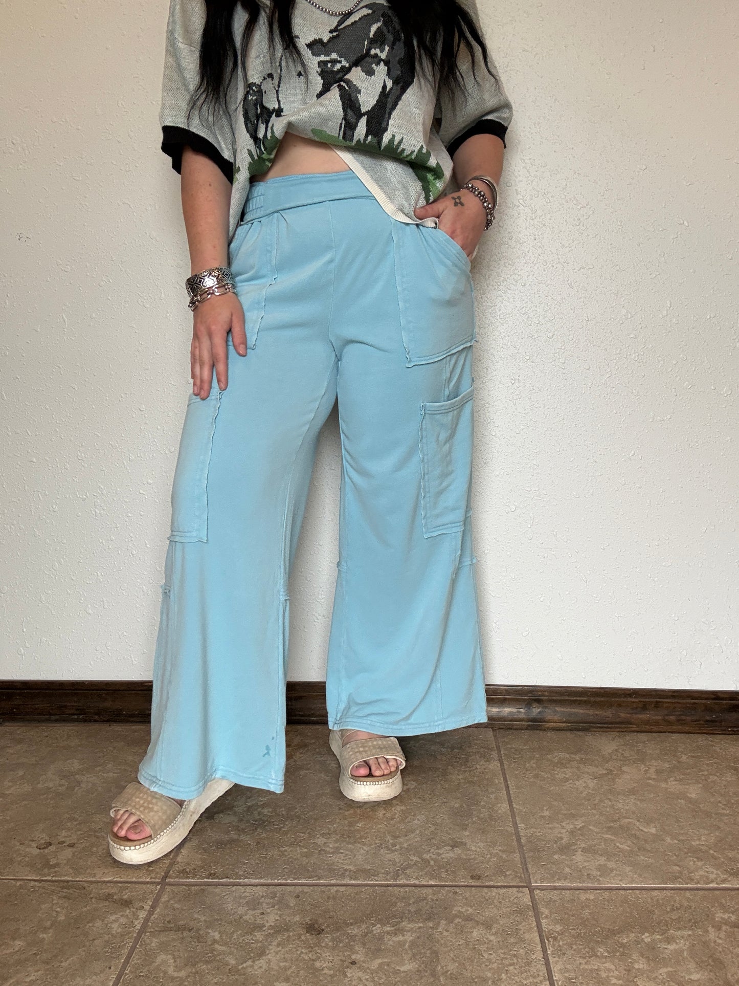Mineral Wash Wide Leg Cargo Sweatpants