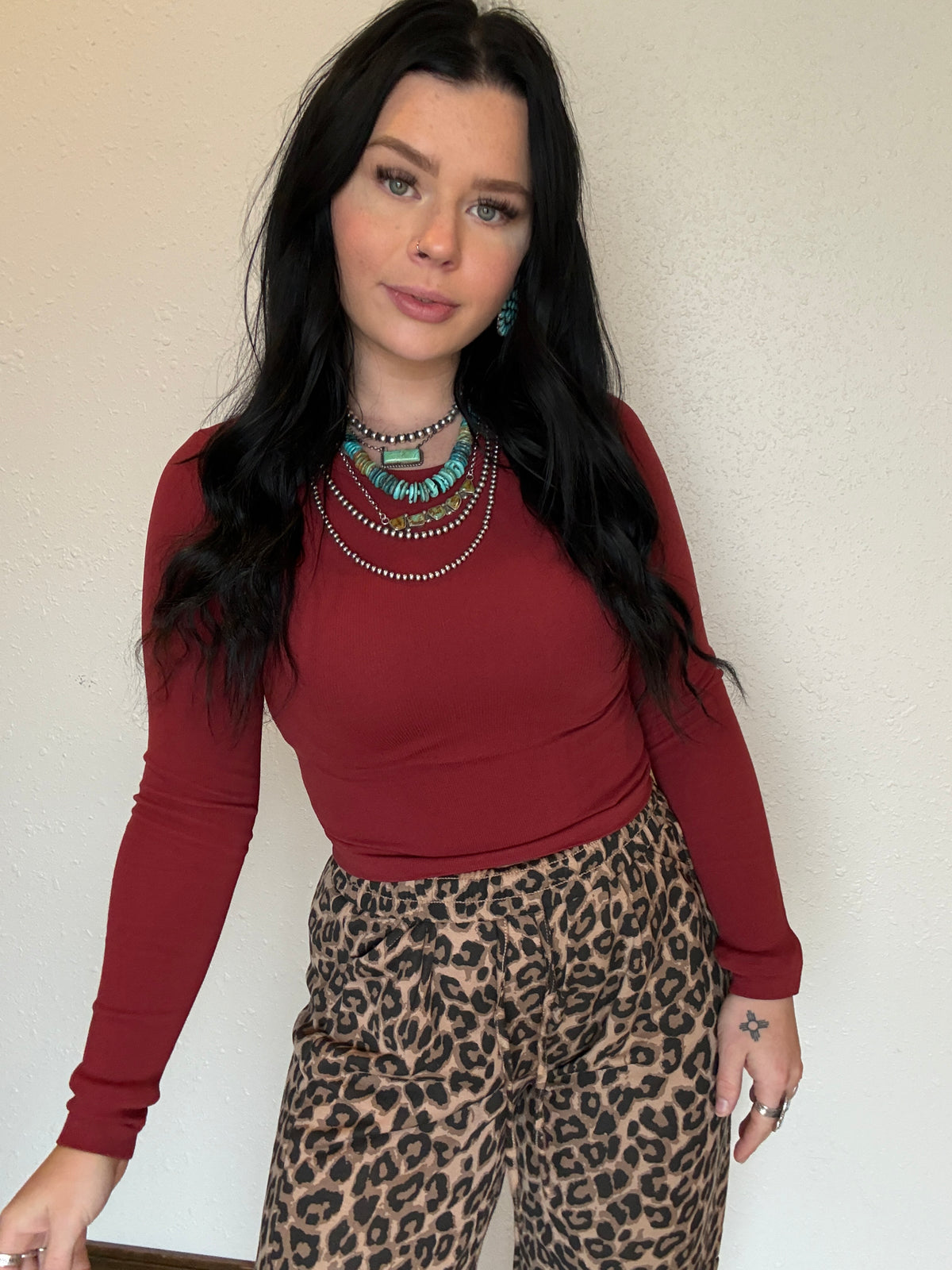 Long Sleeve Crew Neck Rib Seamless Top *Wine