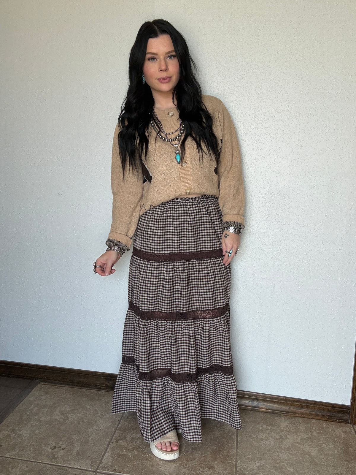 Gringa Gingham Lace Maxi Skirt