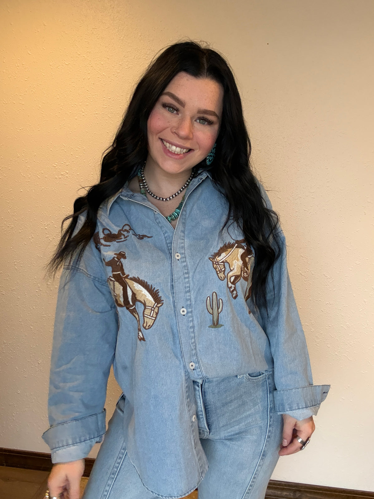 Blu Cowboy Embroidered Denim Top