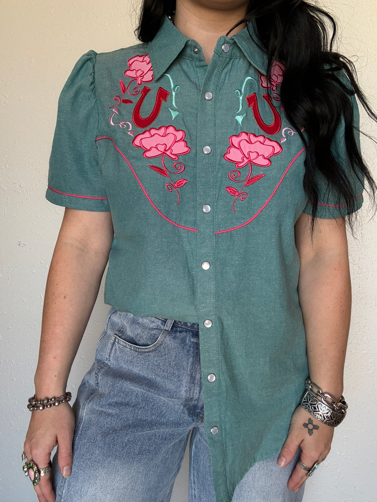The Fall Rose Denim Button Up