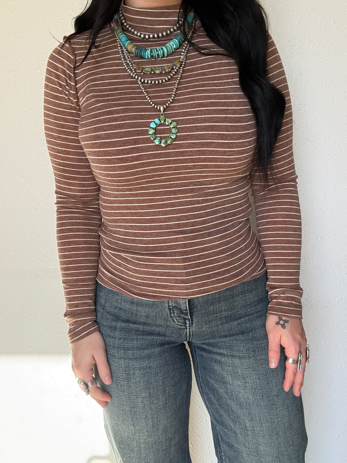 Striped Mock Neck Long Sleeve Top: MOCHA