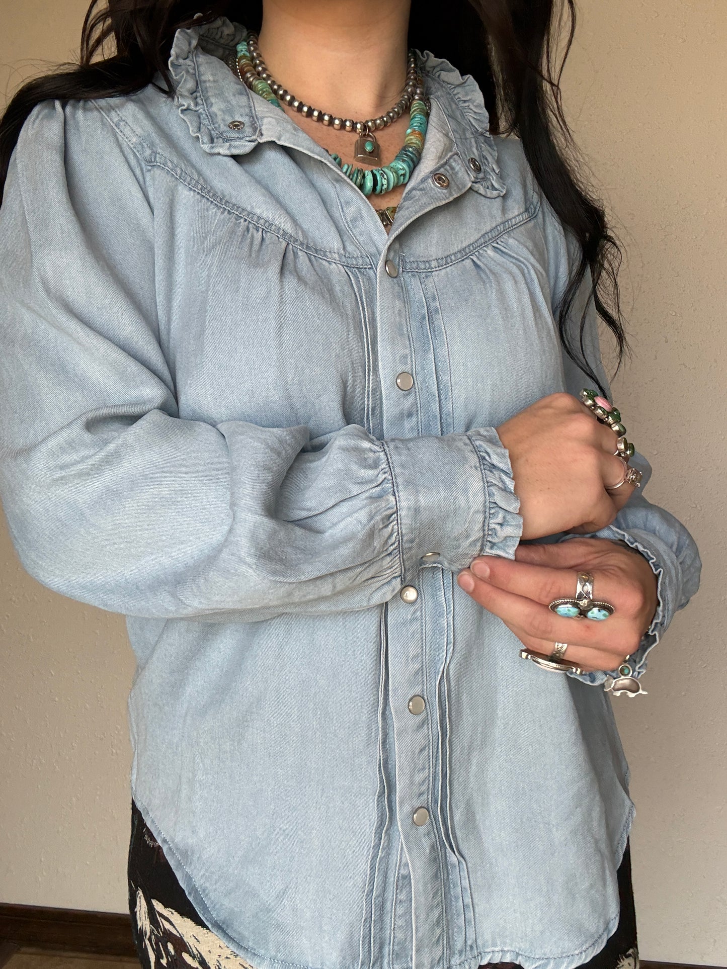Light Wash Denim Ruffled Pearl Snap