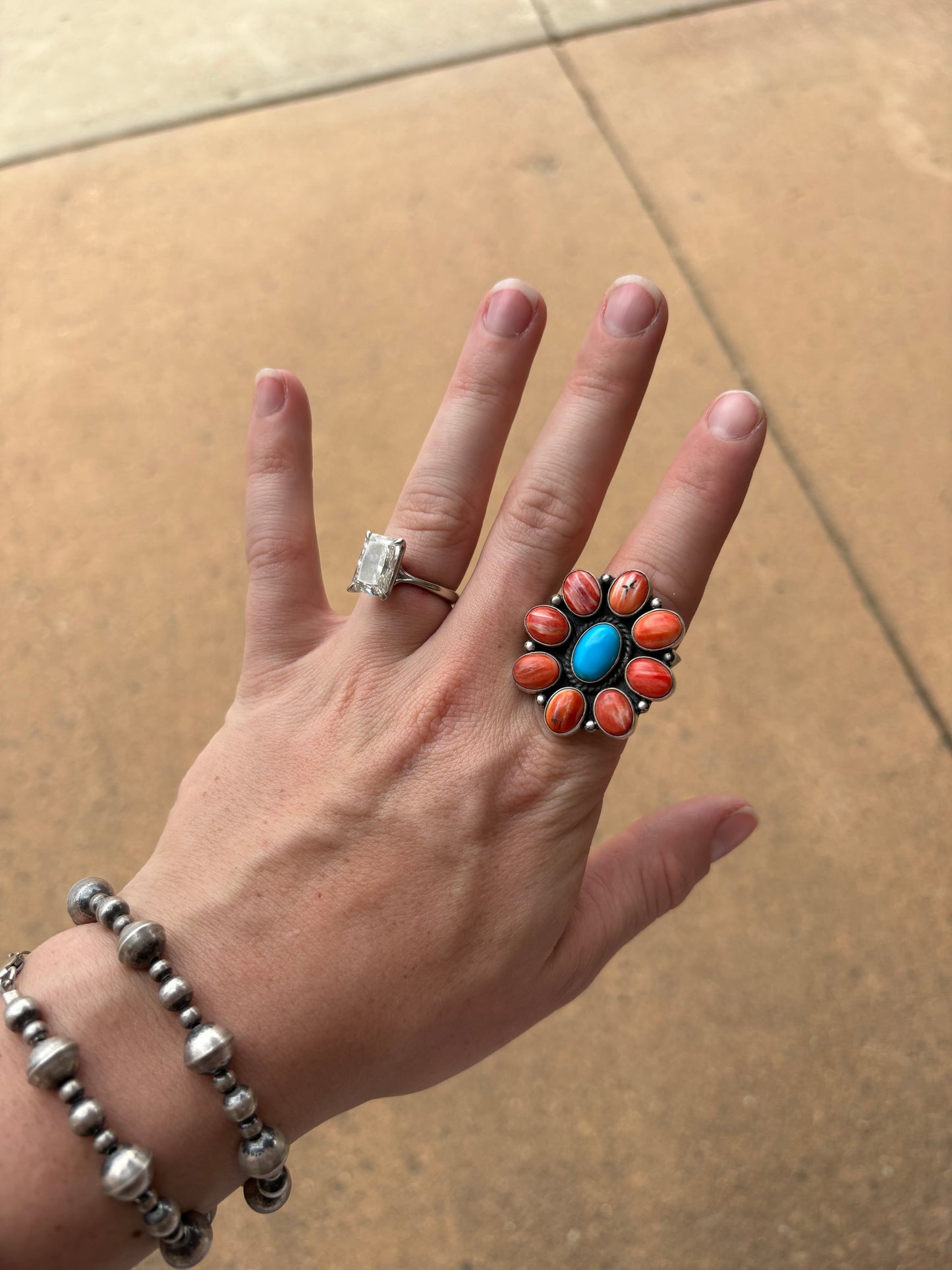 Adjustable Red Spiny & Turquoise Ring