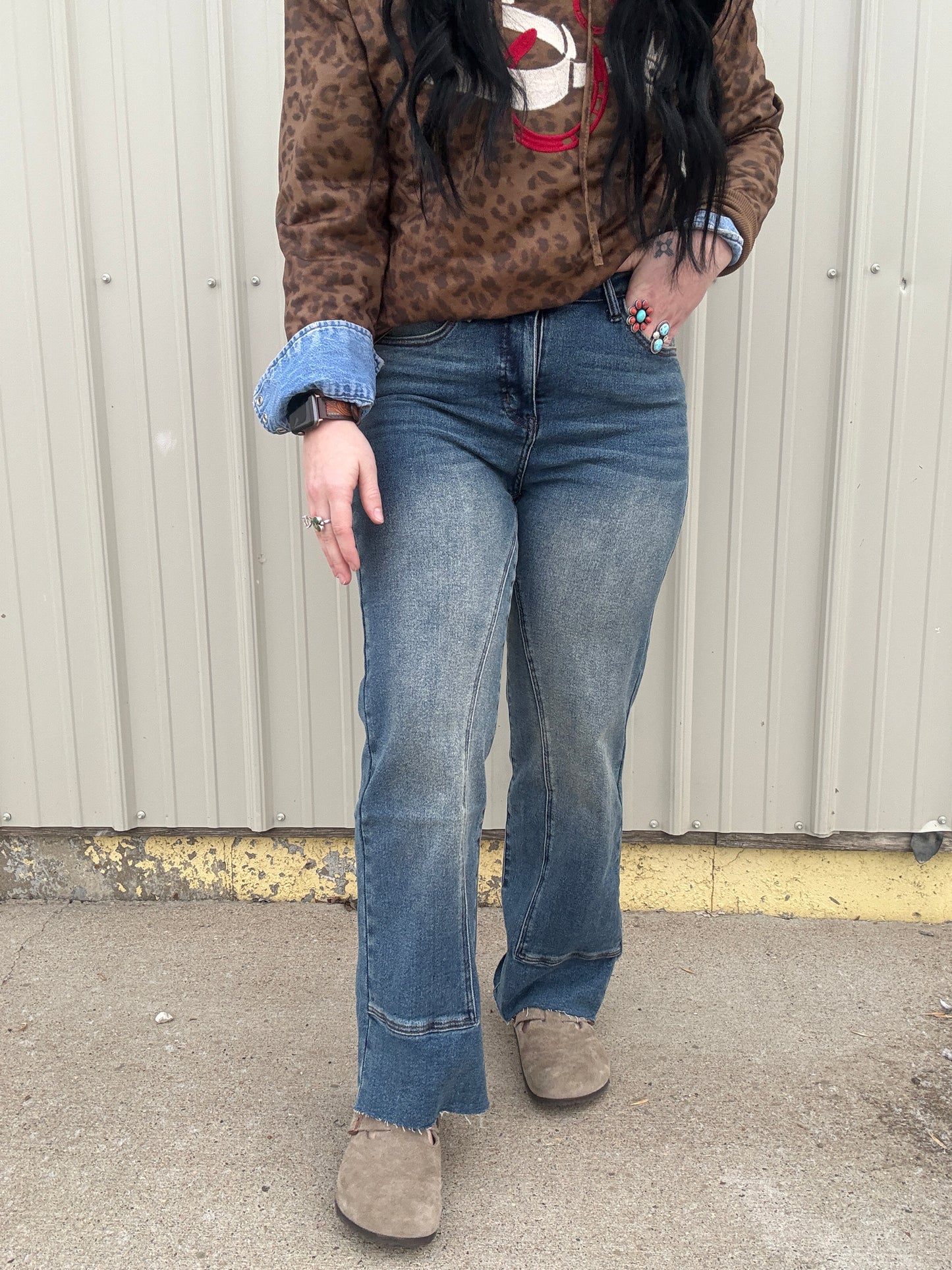 Vintage Wash Mid Rise Straight Leg Denim