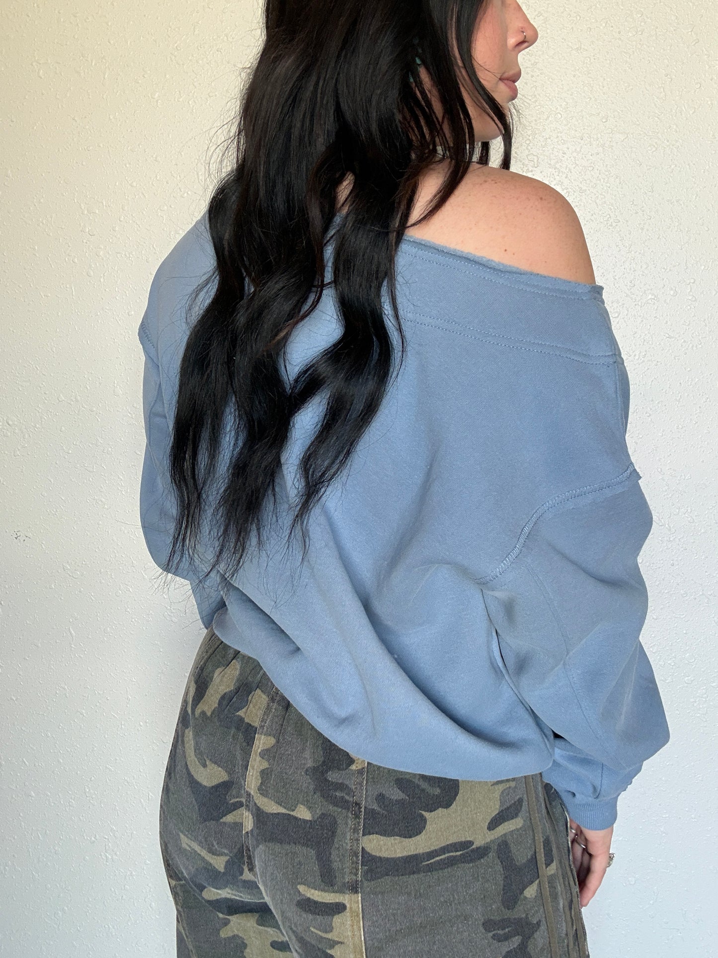 Ocean Blue Off The Shoulder Crewneck