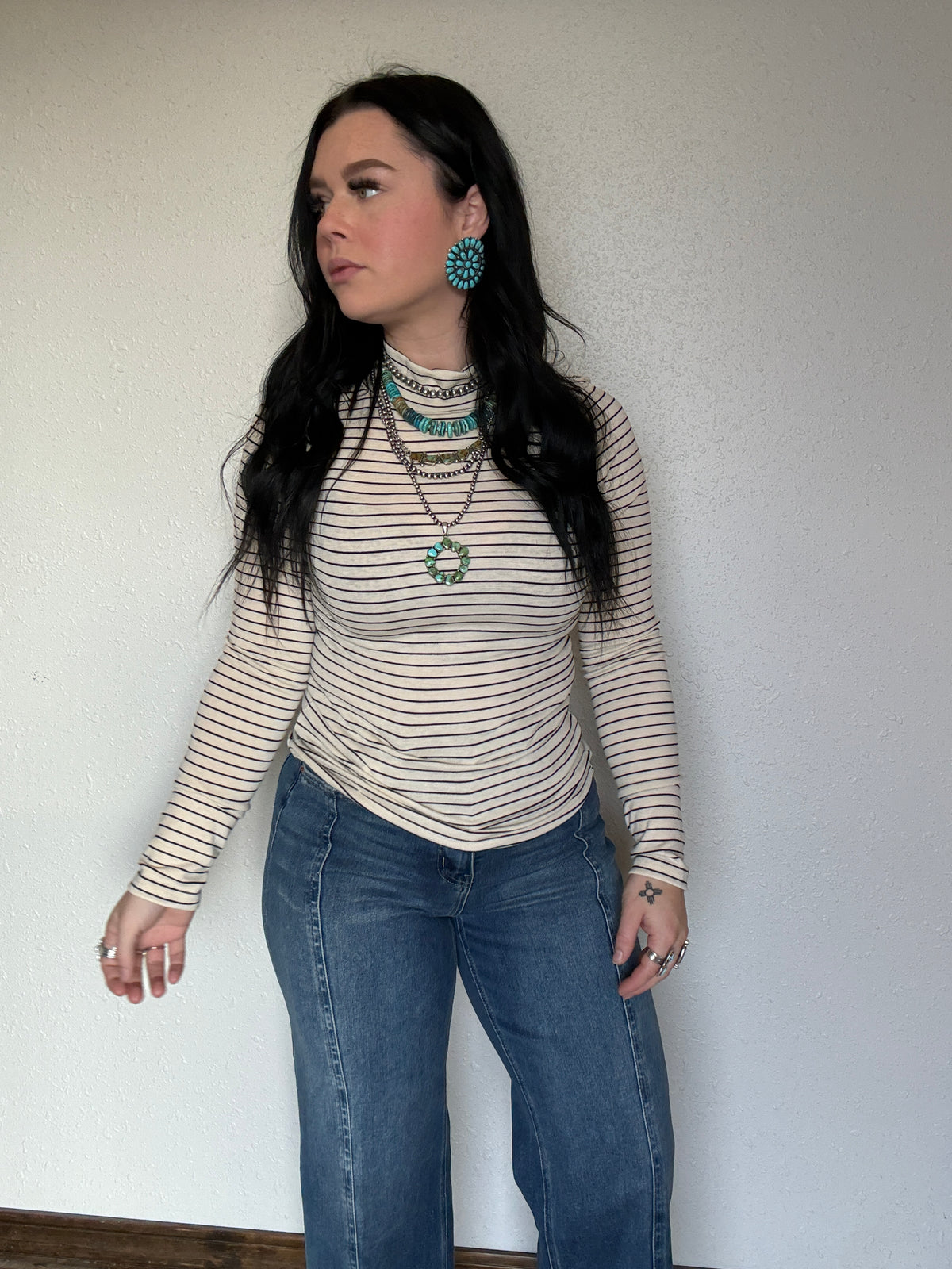 Striped Mock Neck Long Sleeve Top: CREAM