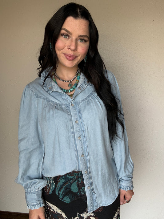 Light Wash Denim Ruffled Pearl Snap
