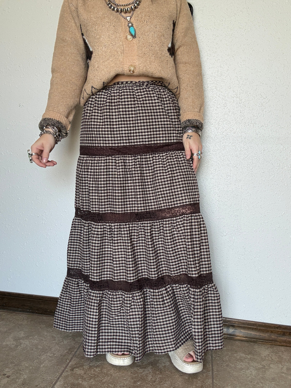 Gringa Gingham Lace Maxi Skirt