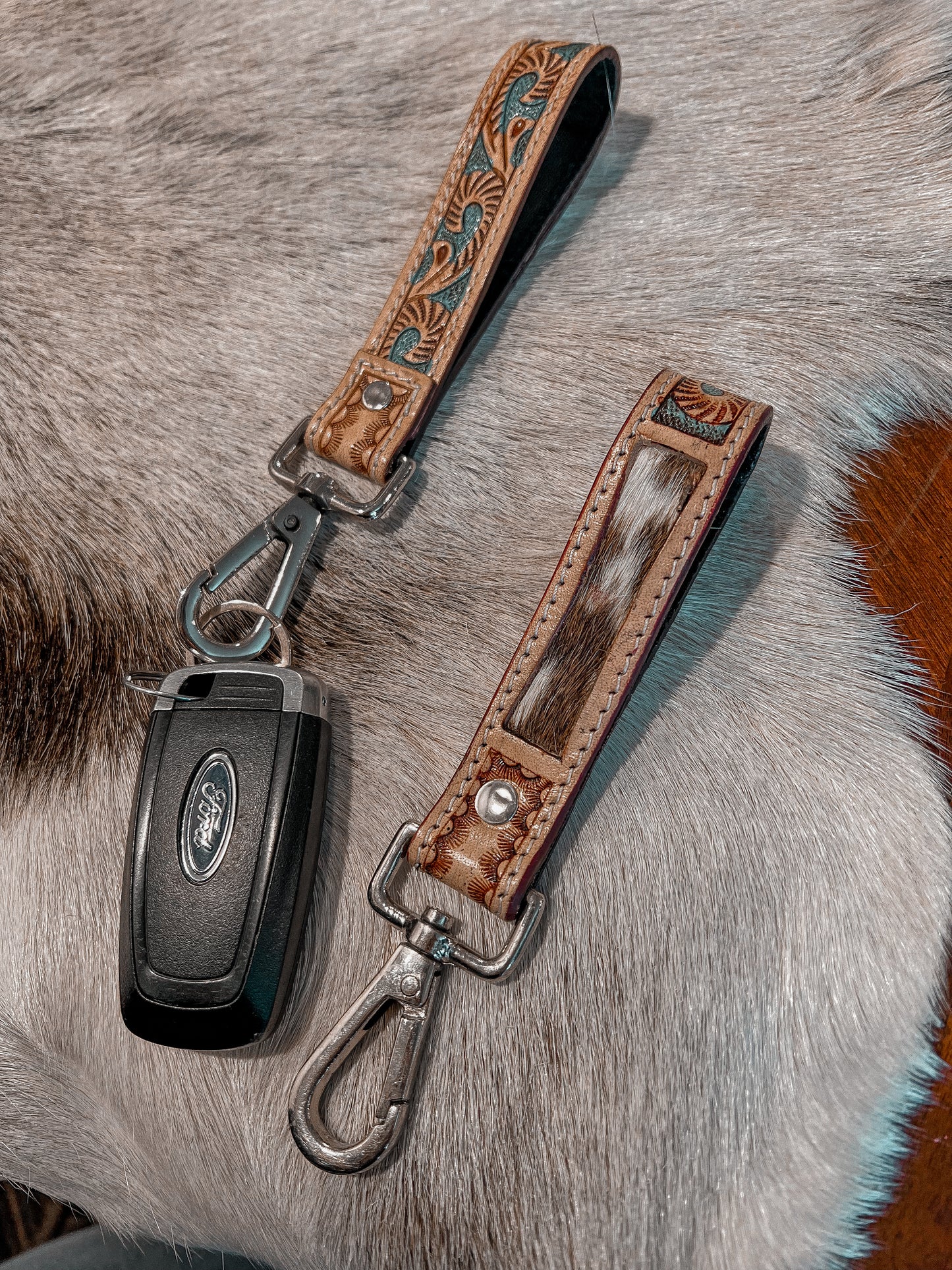 Tooled & Cowhide Keychain