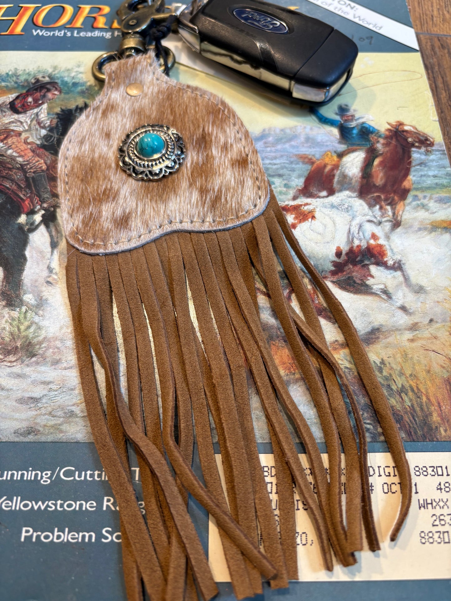Pastureland Hairon Hide Fringed Key Fob