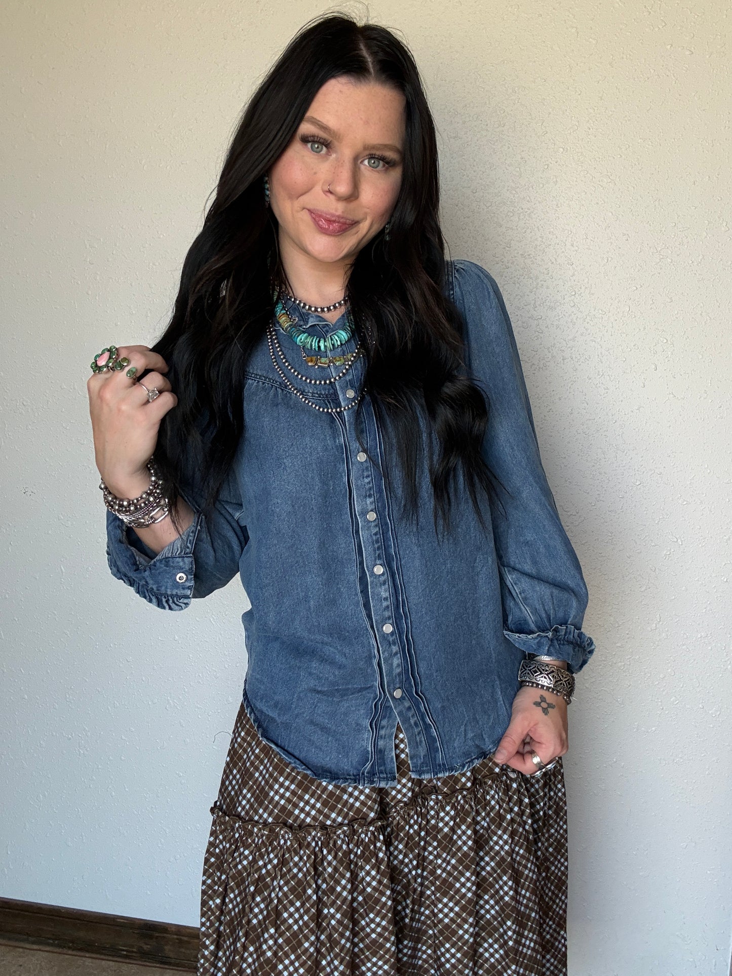 Medium Wash Denim Ruffled Pearl Snap