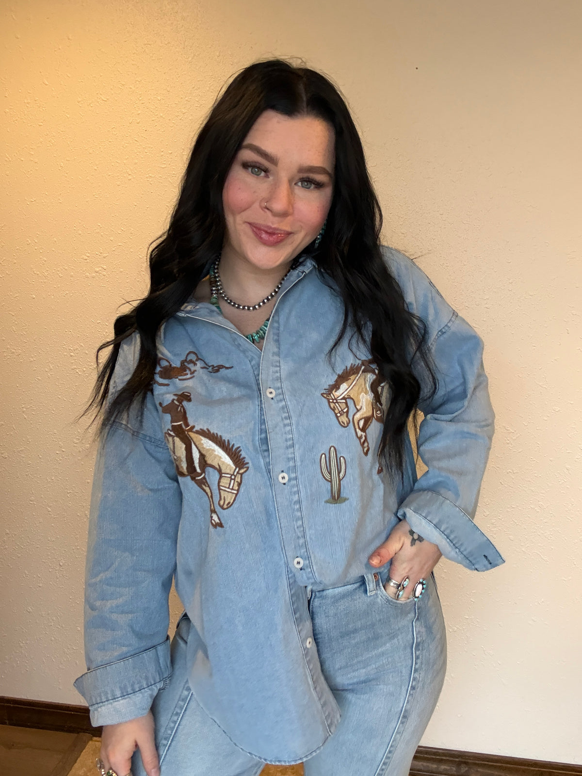 Blu Cowboy Embroidered Denim Top