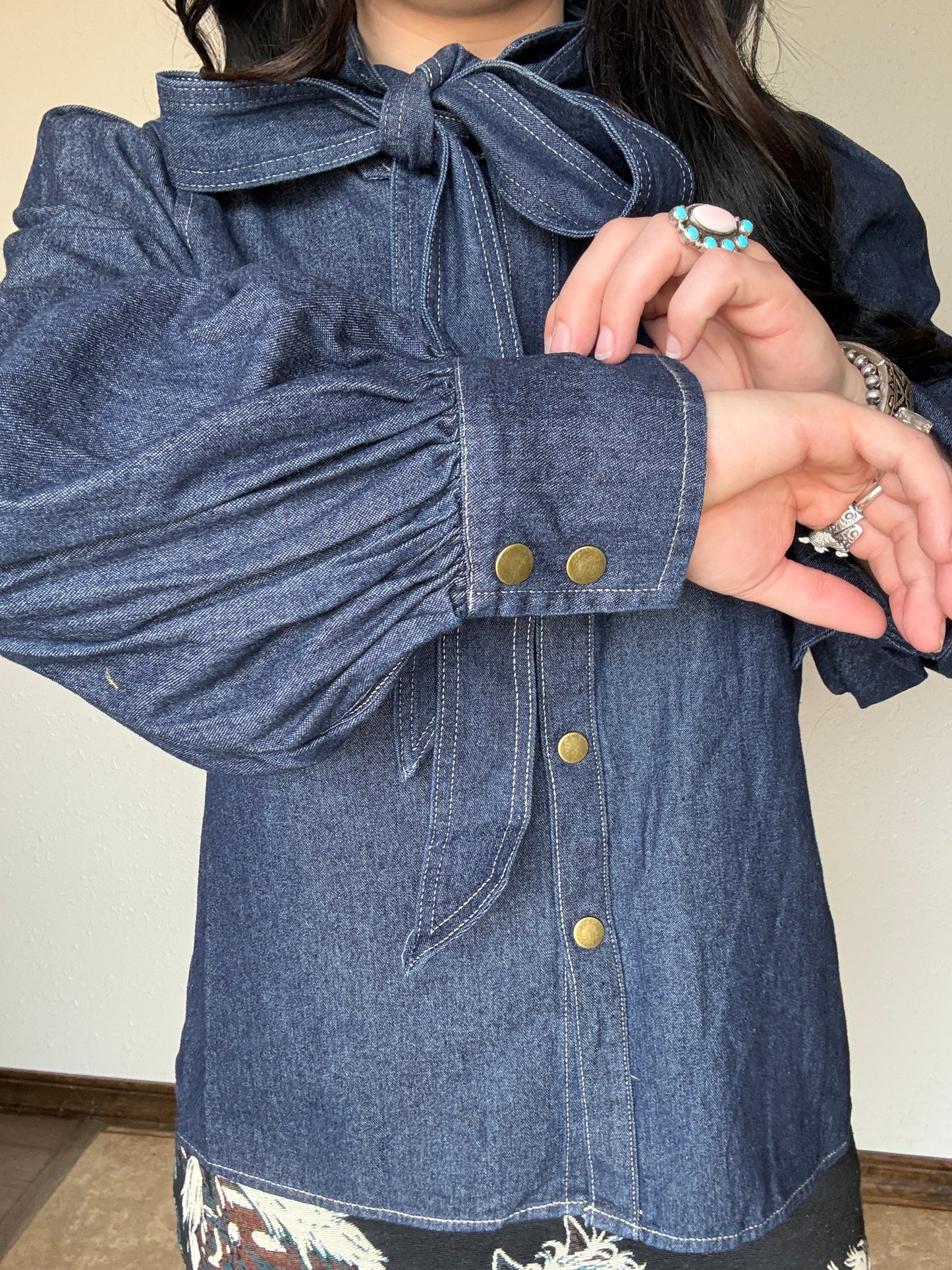 Dark Wash Puff Sleeve Denim Tie Top