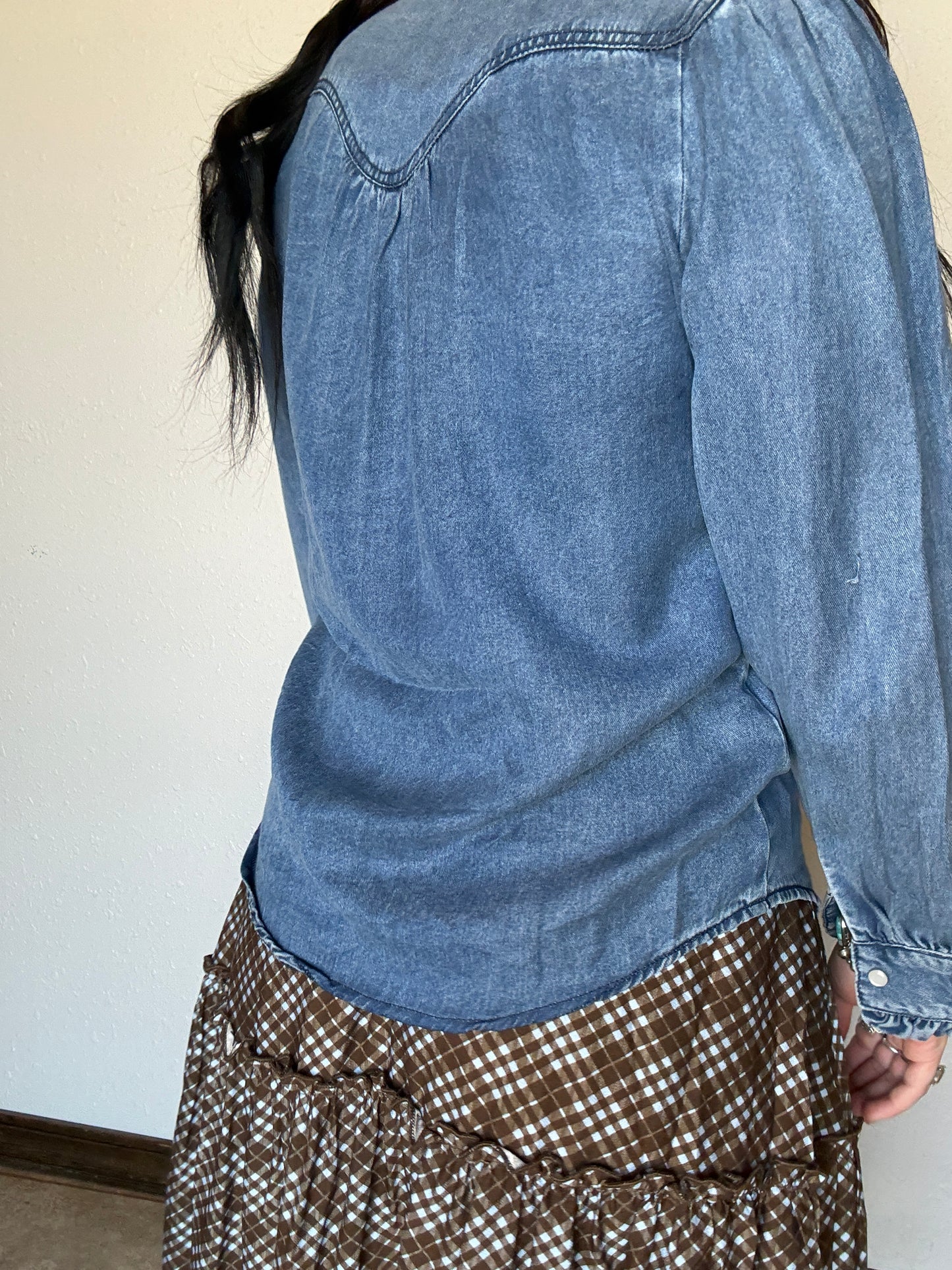 Medium Wash Denim Ruffled Pearl Snap