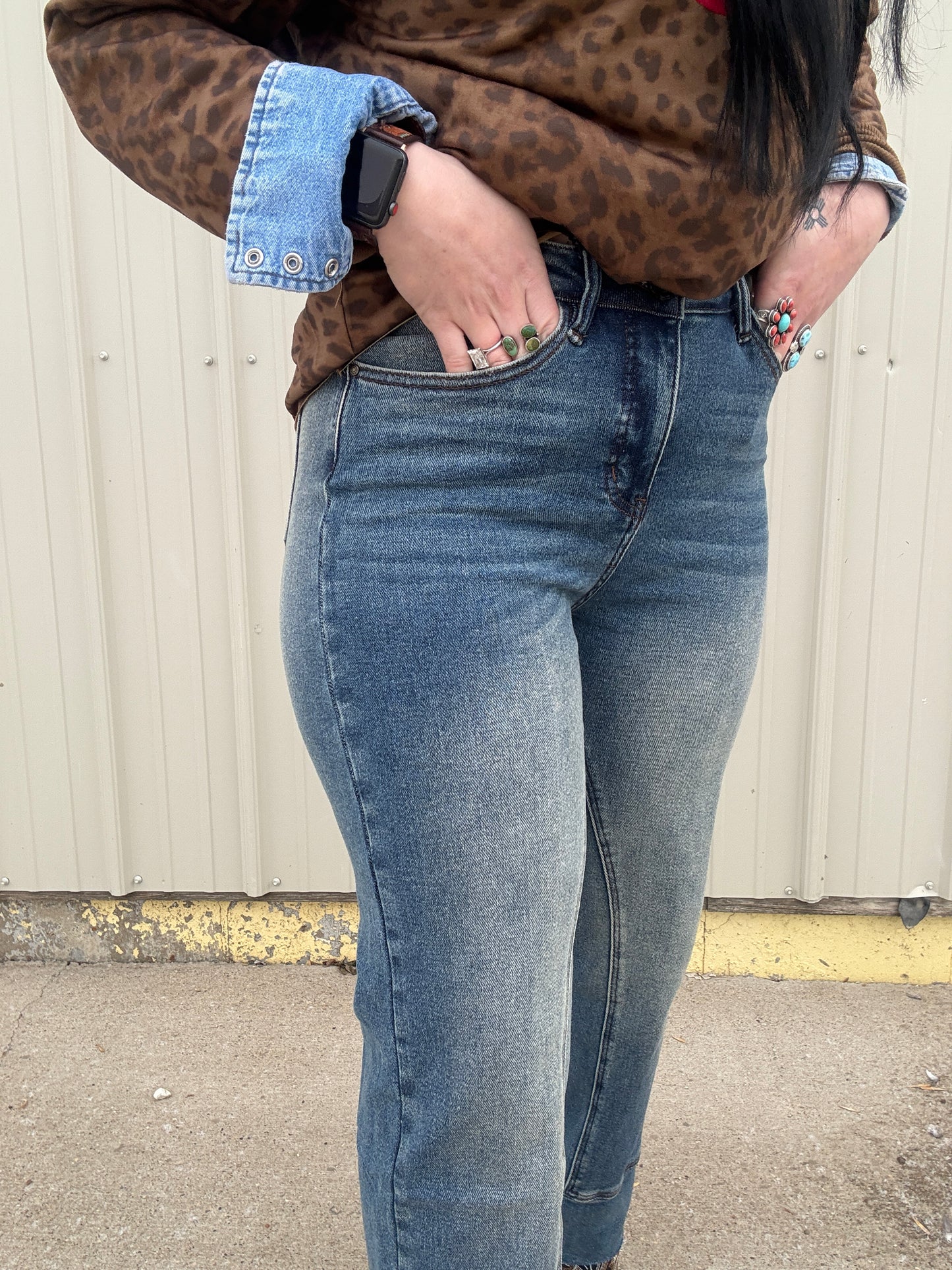 Vintage Wash Mid Rise Straight Leg Denim